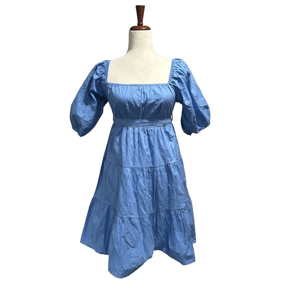 Sim & Sam Anthropologie Dress Medium Puff Sleeve Cottagecore Midi Tiered Blue